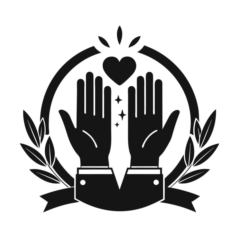 A black and white graphic design of two hands raised in prayer, encircled by a laurel wreath. vector