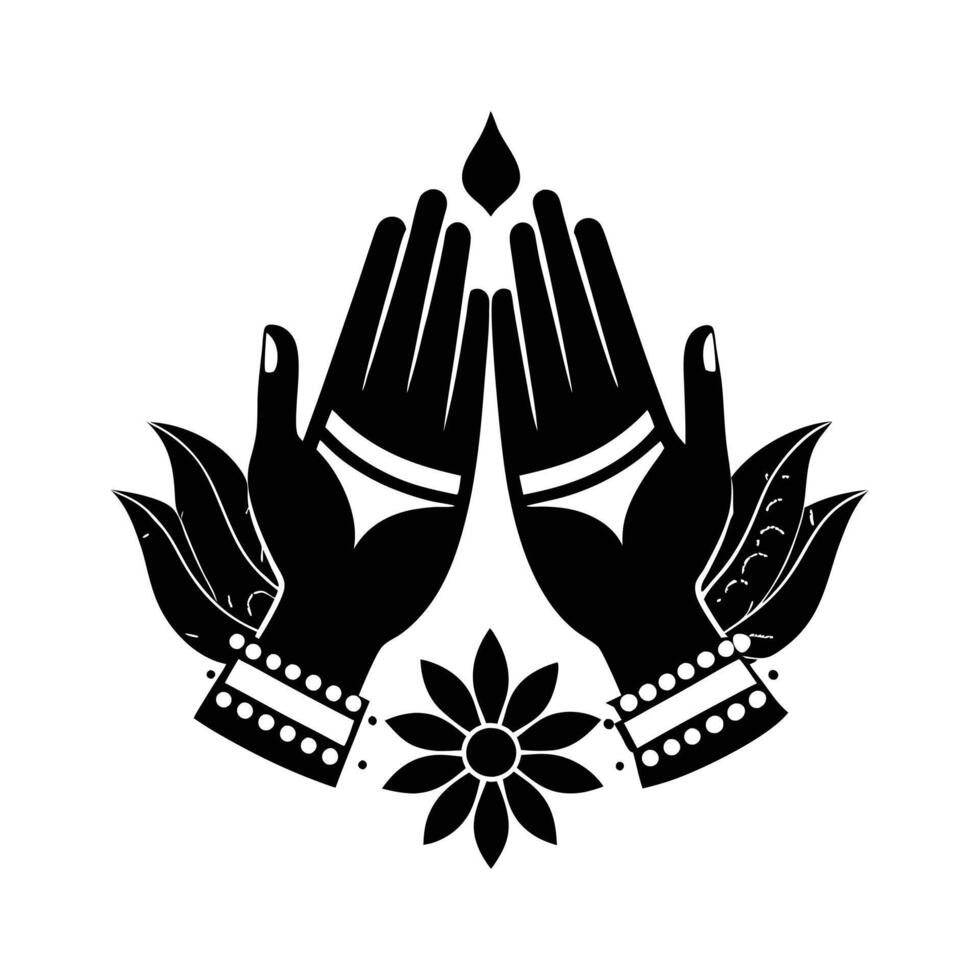 black and white graphic of two hands clasped in prayer, adorned with decorative beaded bracelets. vector