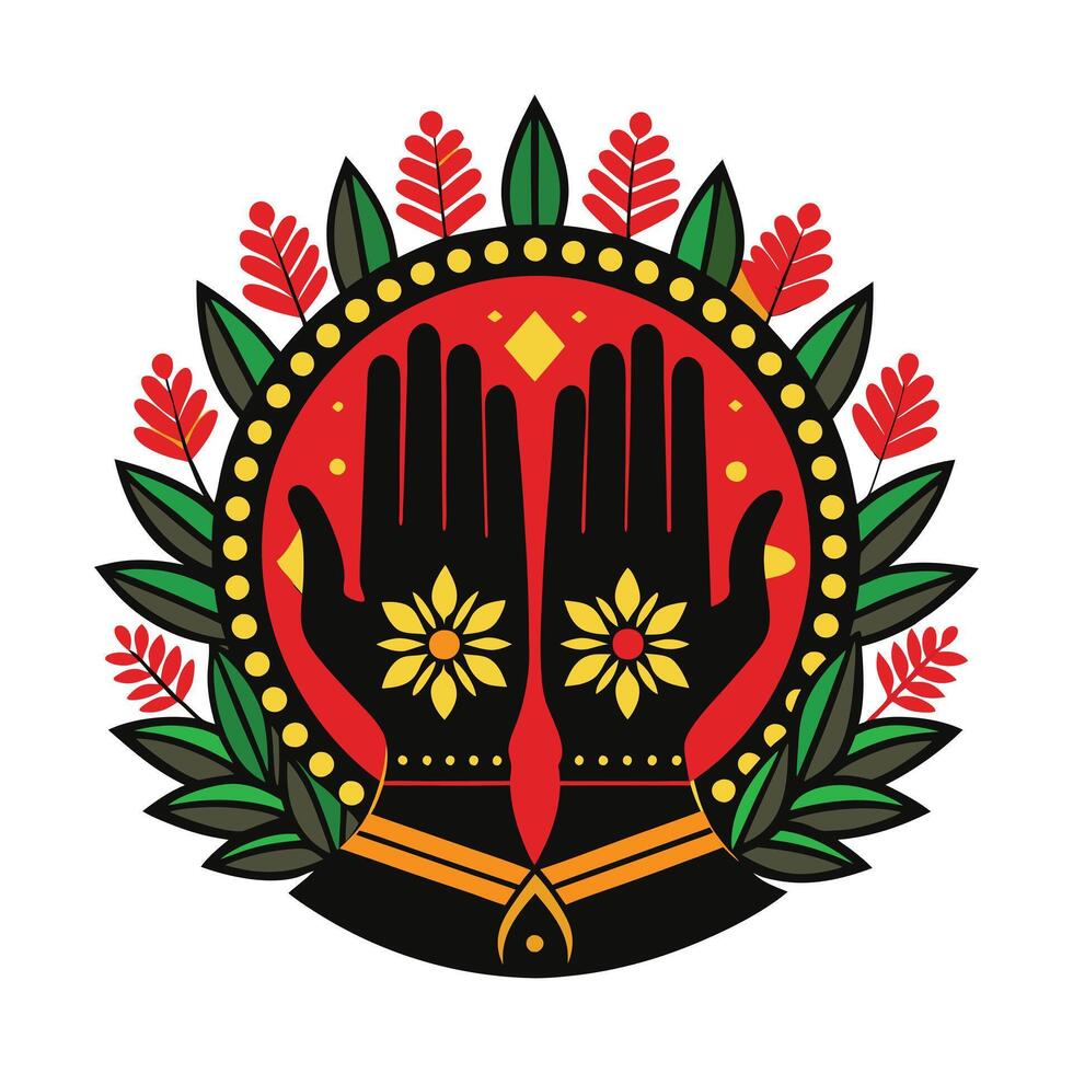 A stylized, symmetrical image of two hands, depicting a traditional Indian henna design. vector