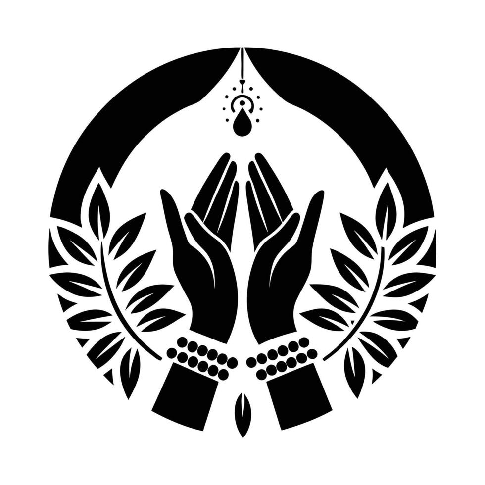 black and white graphic of two hands clasped in prayer, radiating outward with stylized floral and energy patterns. vector