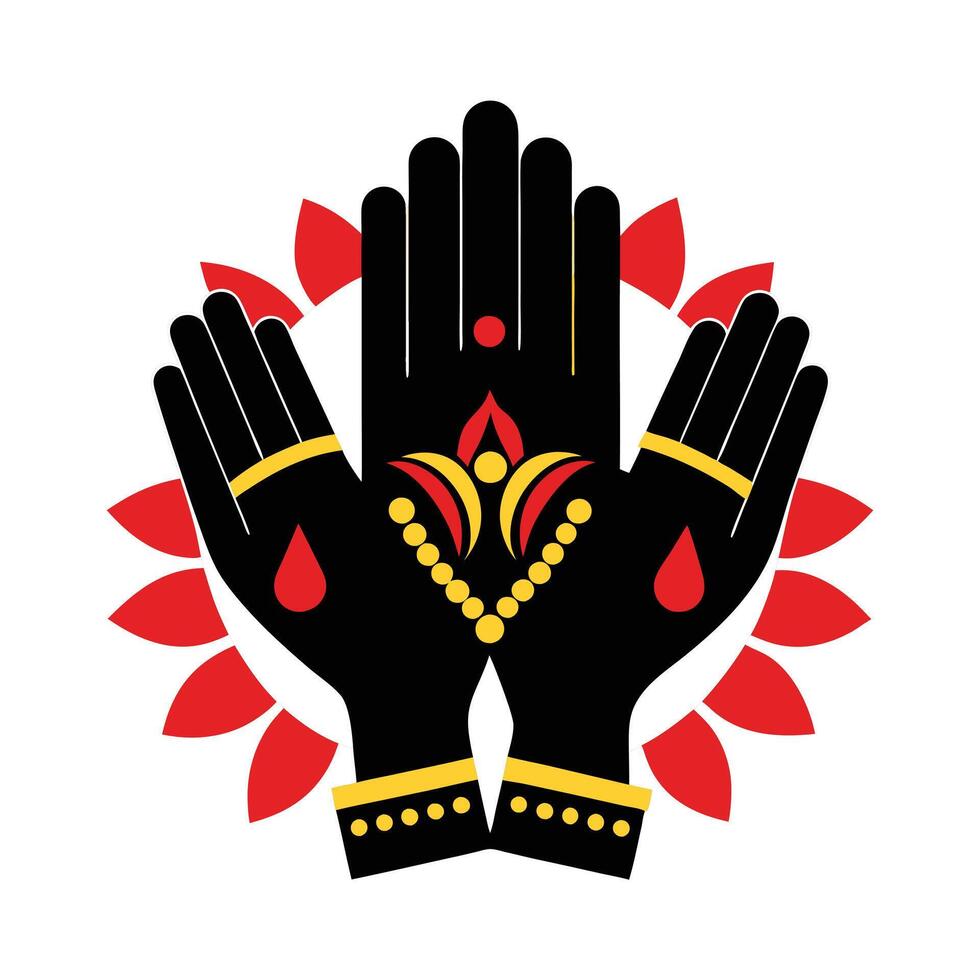 This stylized image showcases a pair of black hands in a prayer-like position, adorned with intricate red and gold decorative elements. vector