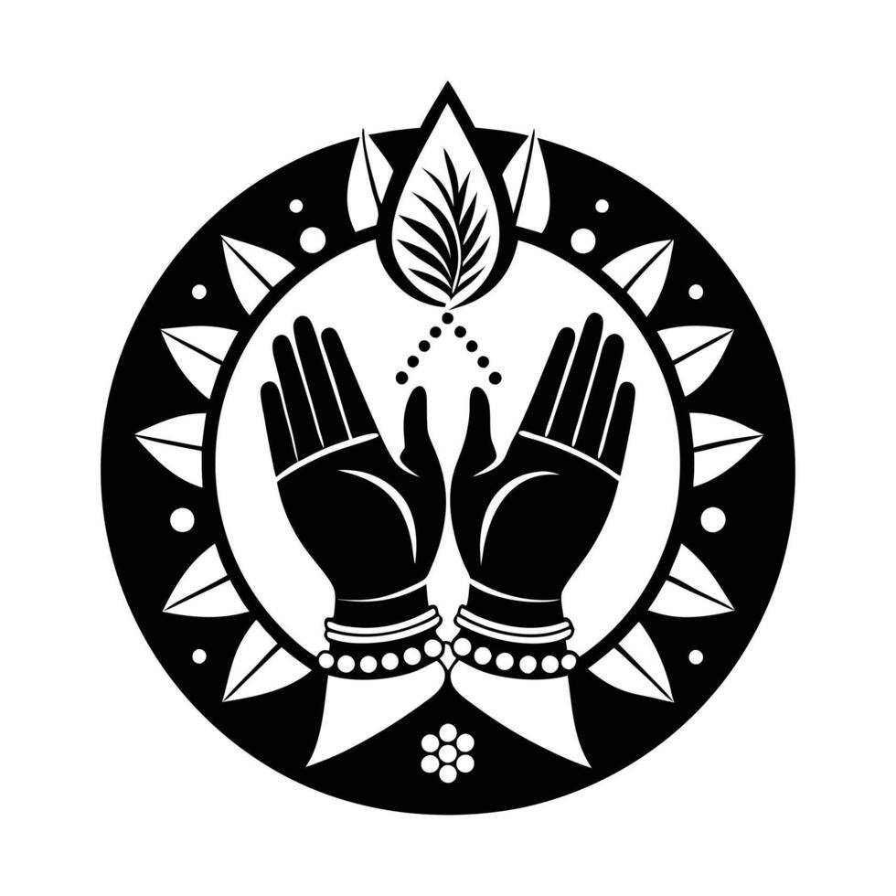 A stylized, black and white graphic of hands in prayer, encircled by a decorative arched design. vector