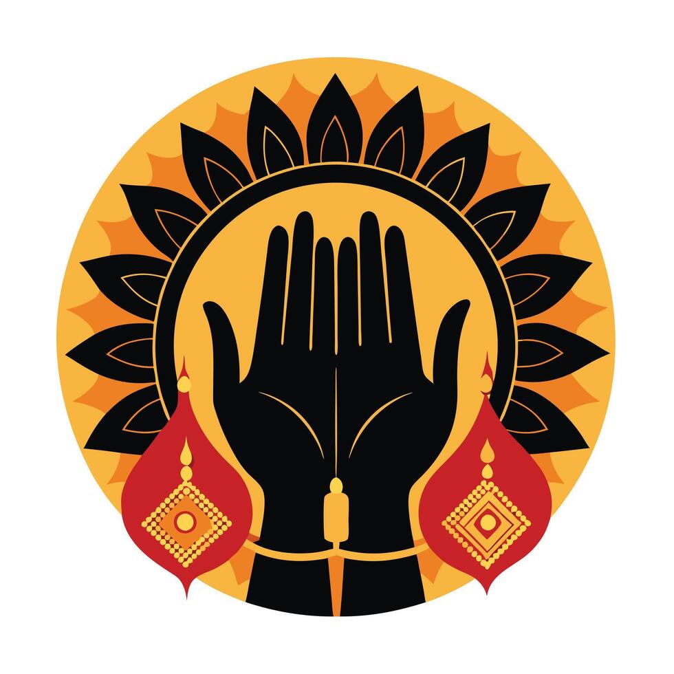 A stylized graphic of two hands in a prayer position, depicting intricate details and rich colors reminiscent of Indian art. vector