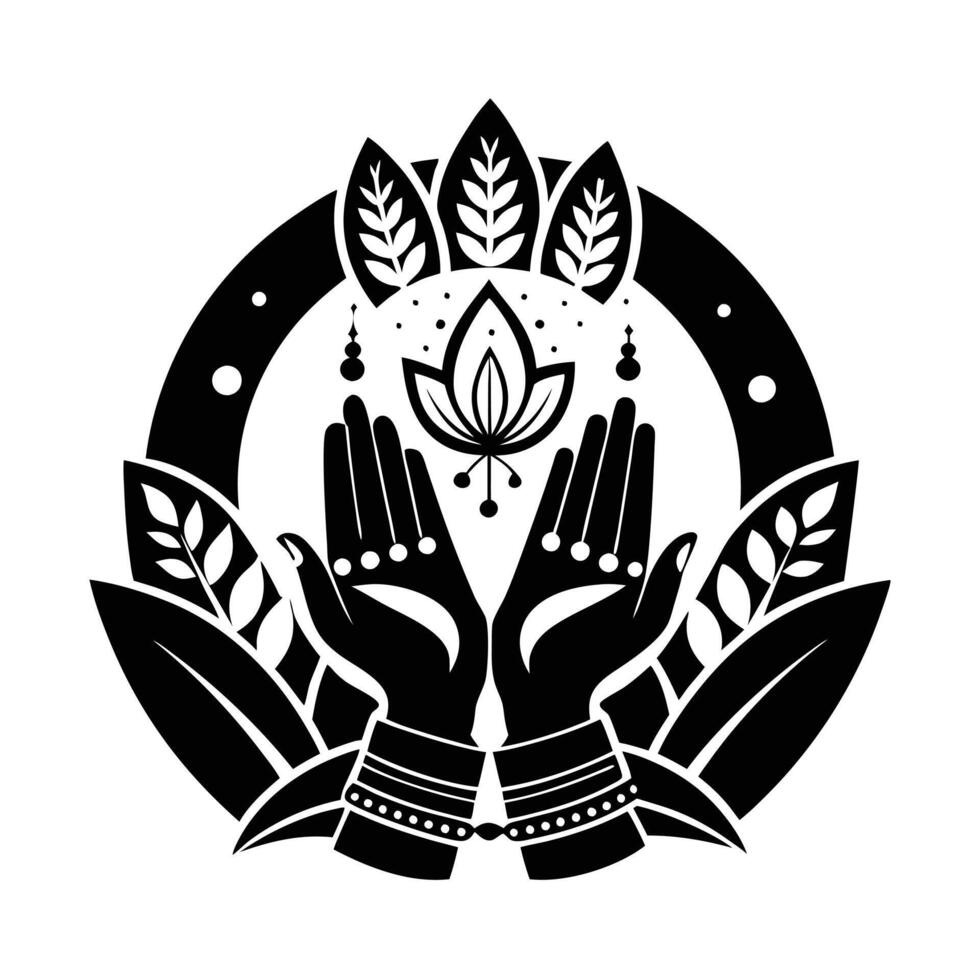 A stylized, black and white graphic of two hands clasped in prayer, radiating outward with stylized floral and energy patterns. vector