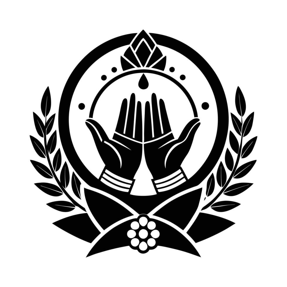 This stylized graphic portrays a pair of hands in a praying position, adorned with intricate henna-like patterns. vector