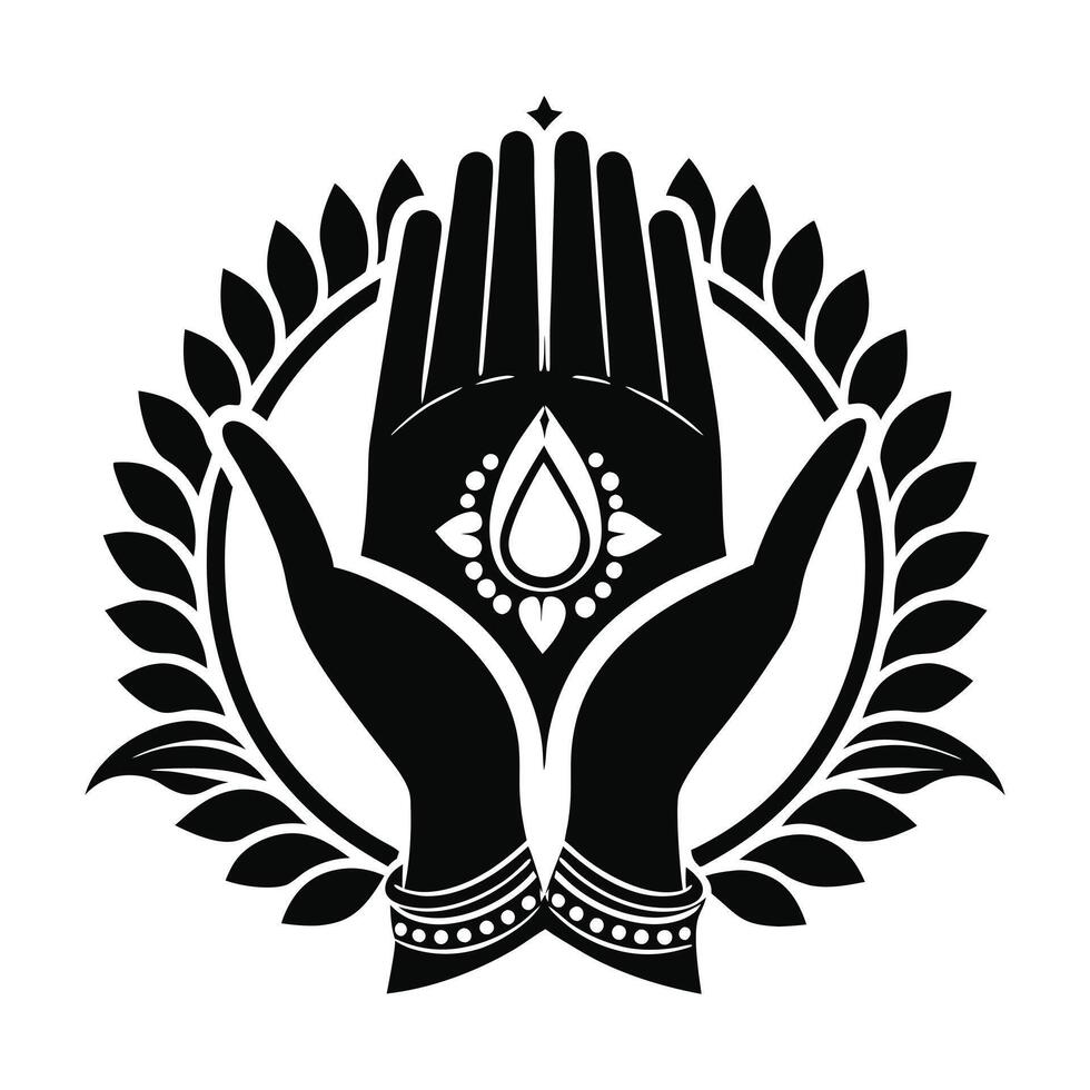 A stylized, black and white graphic of two hands clasped in prayer, adorned with decorative beaded bracelets. vector