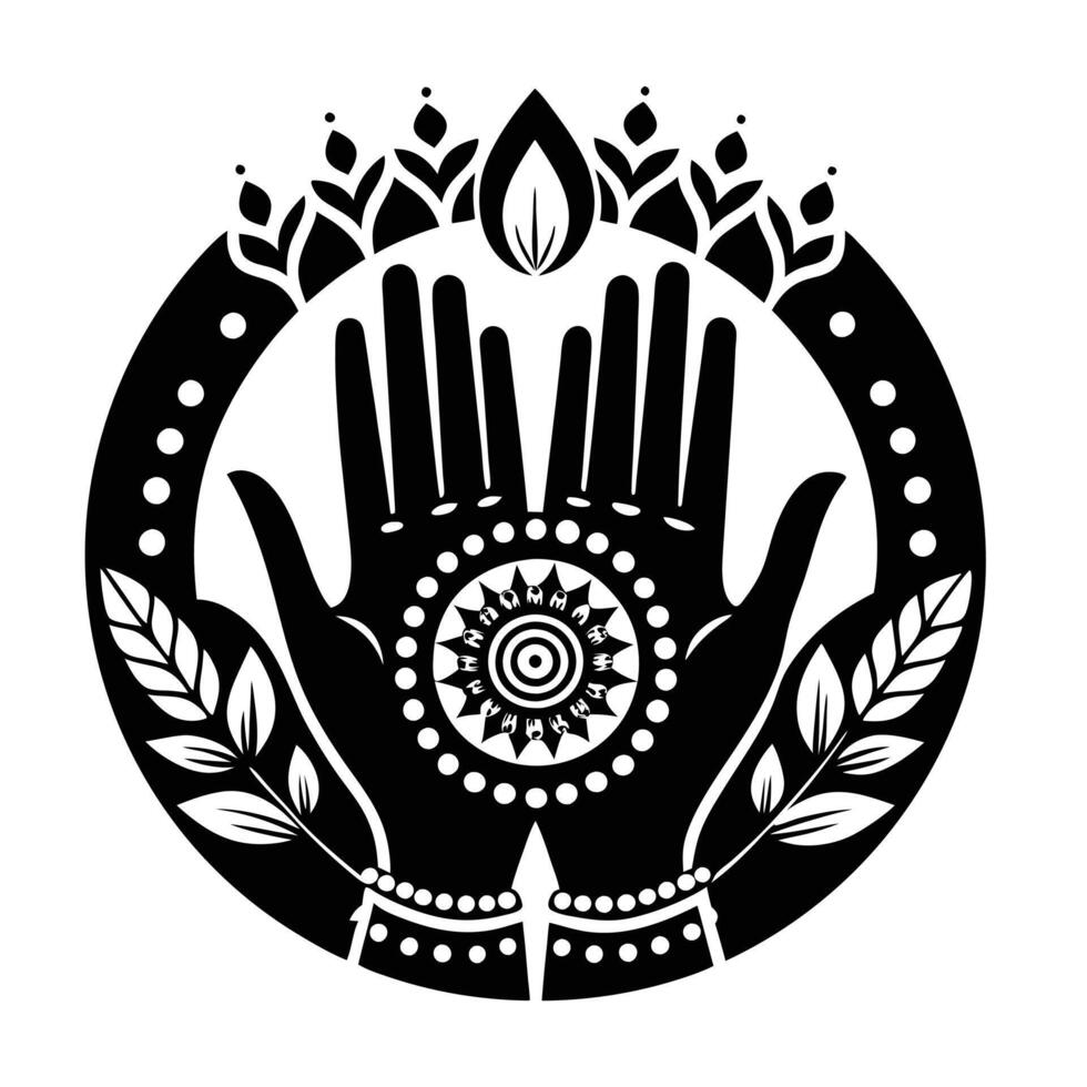 A stylized, black and white graphic of clasped hands, adorned with bracelets, positioned within a circular wreath of stylized leaves and pods. vector