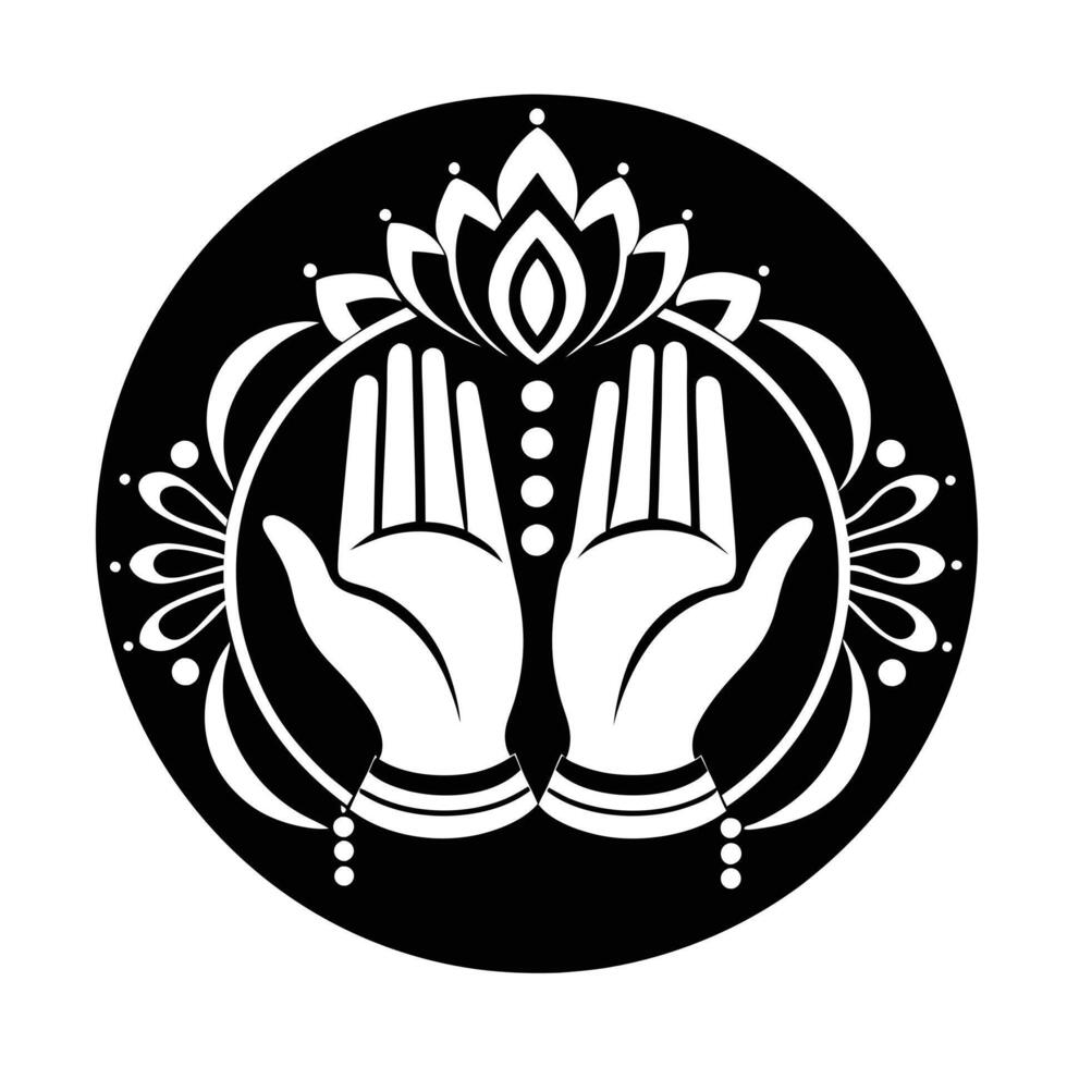 A symmetrical emblem featuring a pair of hands raised in prayer, encircled by a laurel wreath adorned with leaves and decorative elements. vector