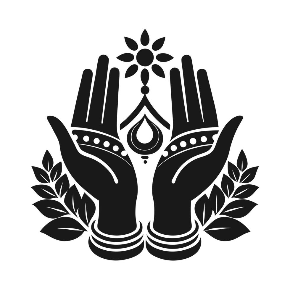 Praying hands holding a sacred Hindu temple. vector