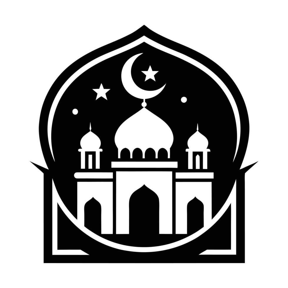 A stylized, black and white silhouette of a mosque at night, framed by intricate Islamic-style decorative elements. vector