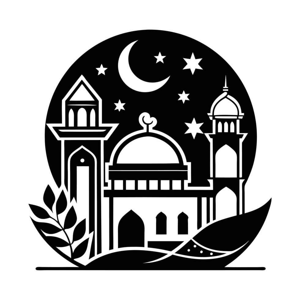 This black and white silhouette of a mosque evokes a peaceful and spiritual atmosphere. vector
