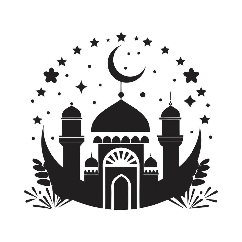 This stylized black and white silhouette of a mosque, with a crescent moon and star, evokes a sense of serenity and spirituality. vector