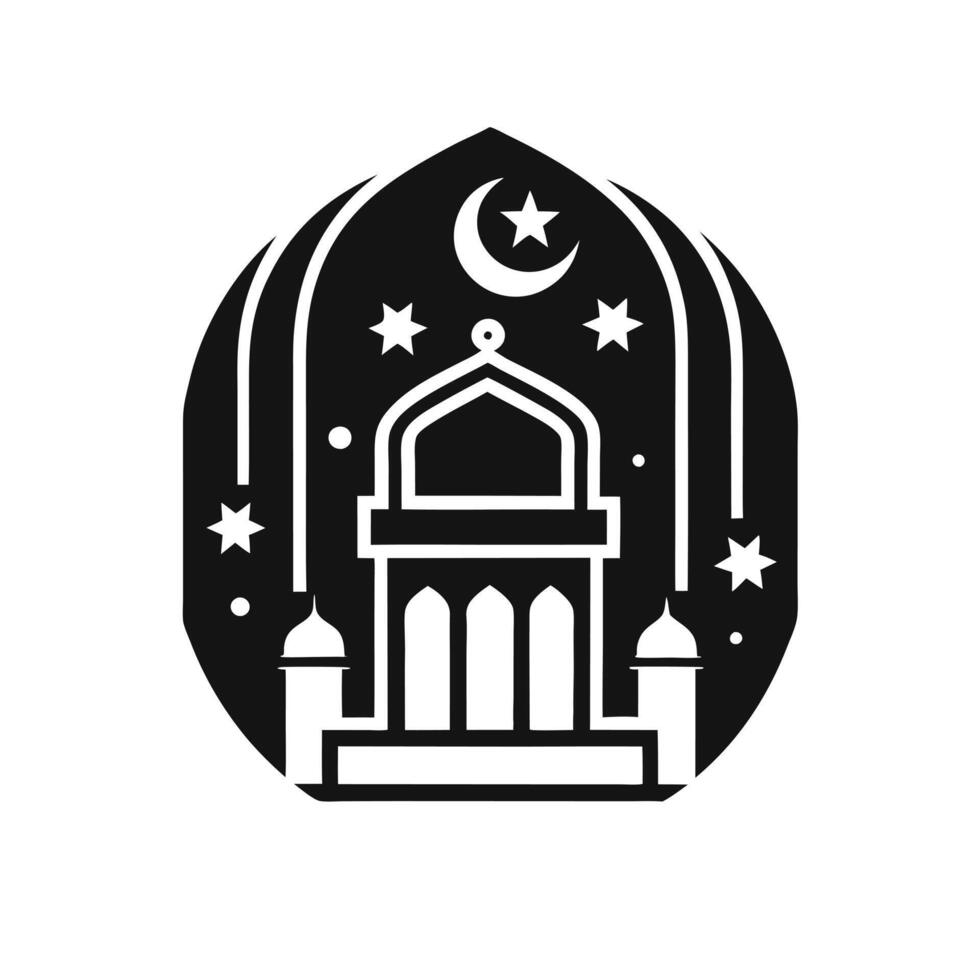 black and white silhouette of a mosque at night, framed by intricate Islamic-style decorative elements. vector