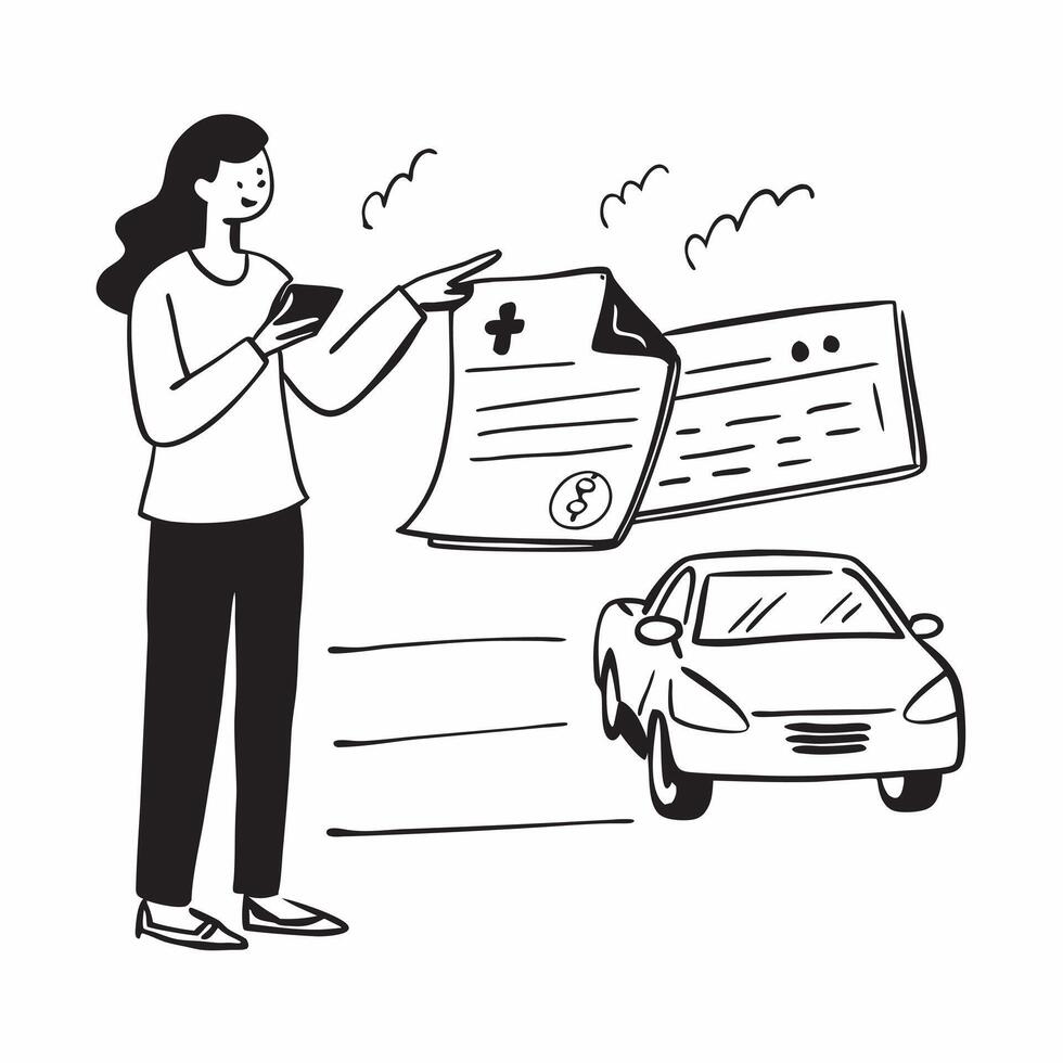Young woman reviewing insurance options concept as High resolution image of a young woman reviewing insurance options for her first car with a glossy backdrop highlighting the impo Dynamic Set 2 vector