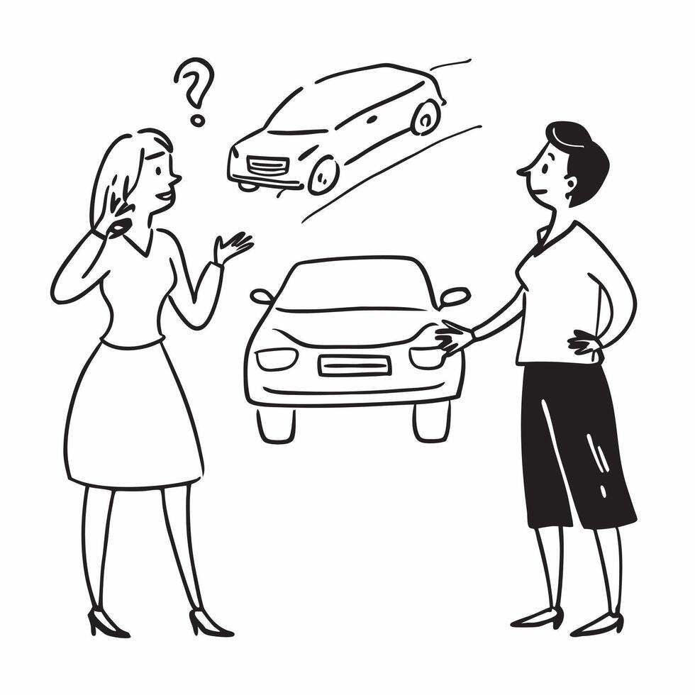 Young woman negotiating car price concept as High resolution image of a young woman negotiating the price for her first car with a glossy backdrop emphasizing confidence and savvy Dynamic Set 2 vector