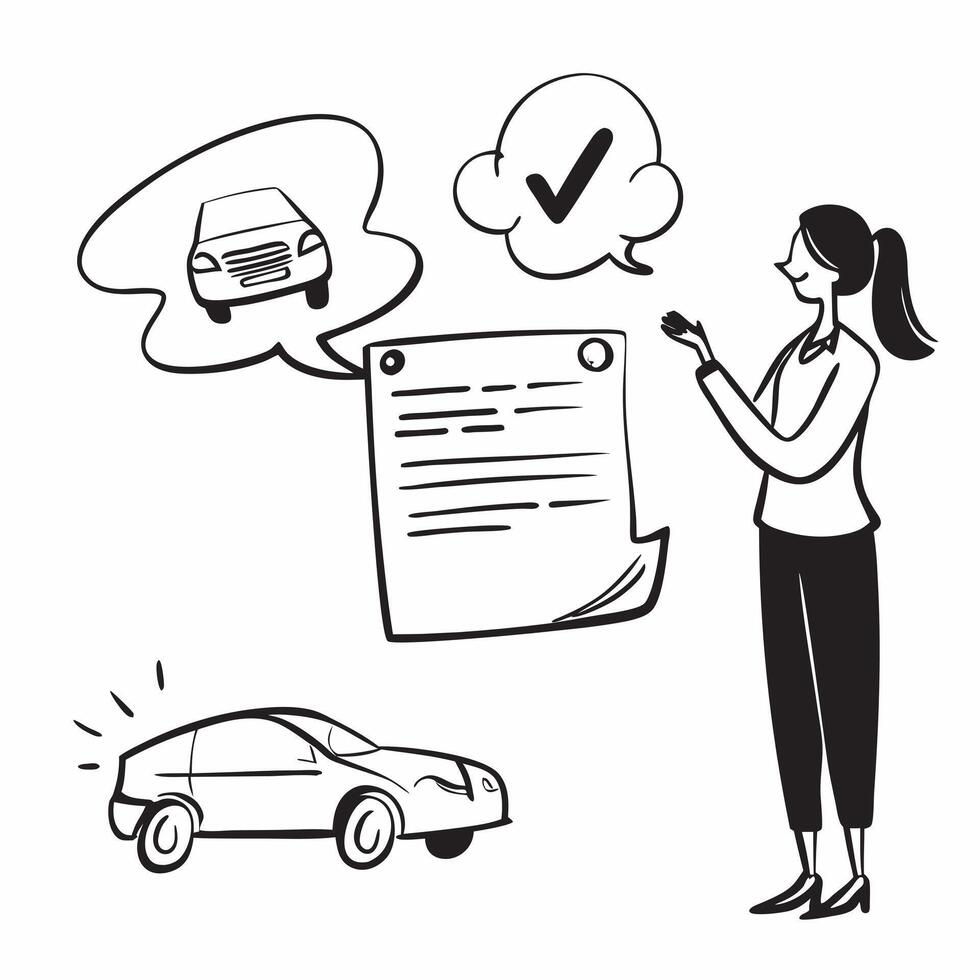 Young woman reviewing insurance options concept as High resolution image of a young woman reviewing insurance options for her first car with a glossy backdrop highlighting the impo Dynamic vector