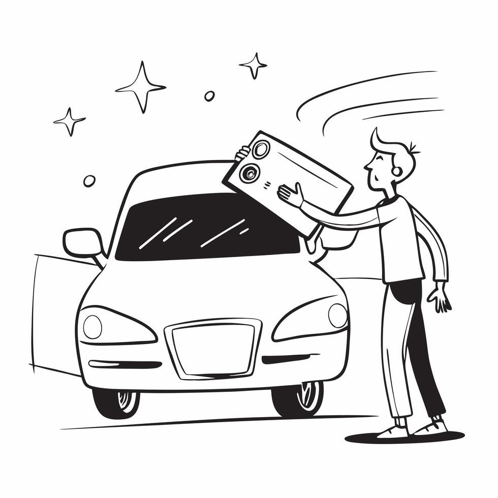 Young man inspecting a car concept as High resolution image of a young man inspecting a car for his first purchase with a glossy backdrop highlighting the careful consideration and Dynamic Set 2 vector