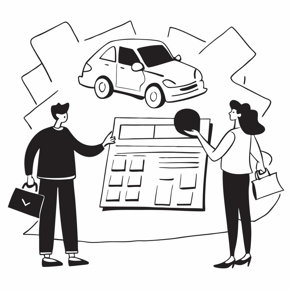 Young couple calculating total car expenses concept as High resolution image of a young couple calculating total expenses for their first car with a glossy backdrop emphasizing bud Dynamic vector