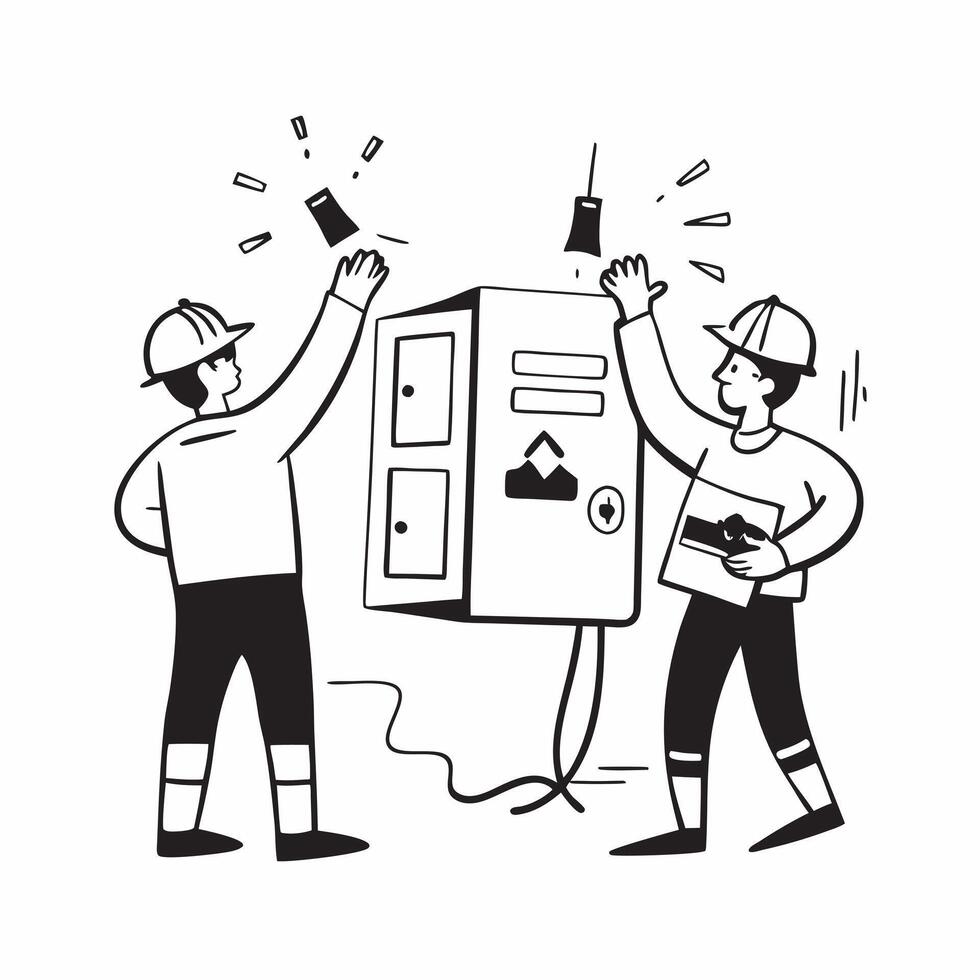 Workers managing an electrical issue during festive season concept as High resolution image of workers managing an electrical issue during the festive season at work highlighting t Dynamic Set 2 vector