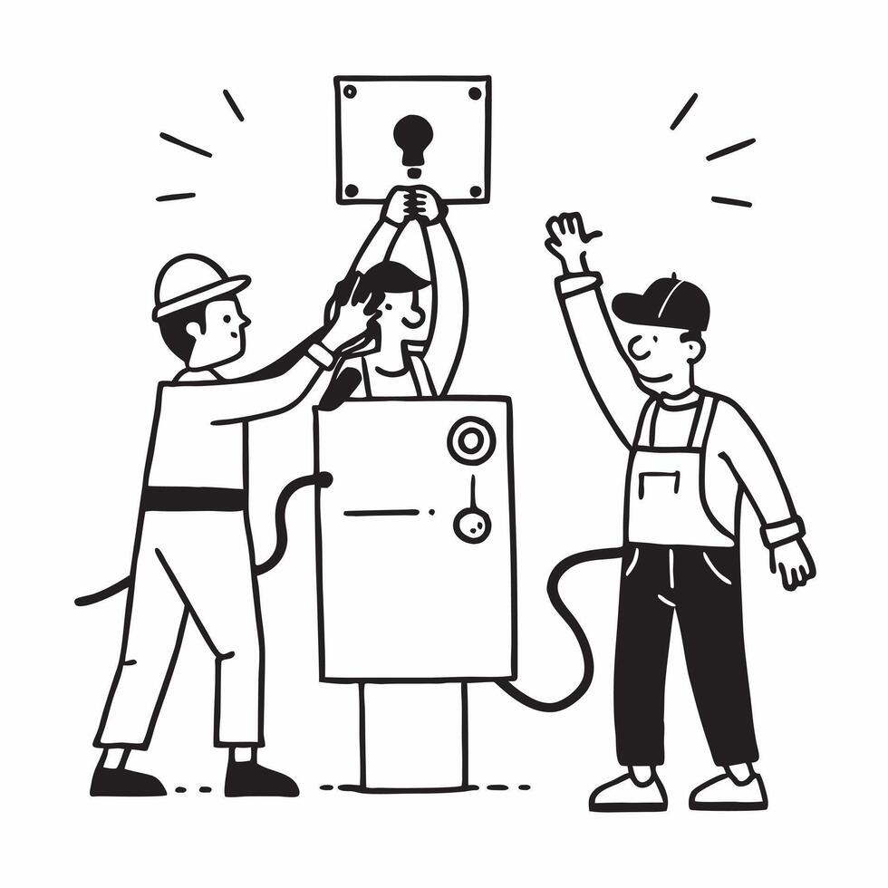 Workers managing an electrical issue during festive season concept as High resolution image of workers managing an electrical issue during the festive season at work highlighting t Dynamic vector