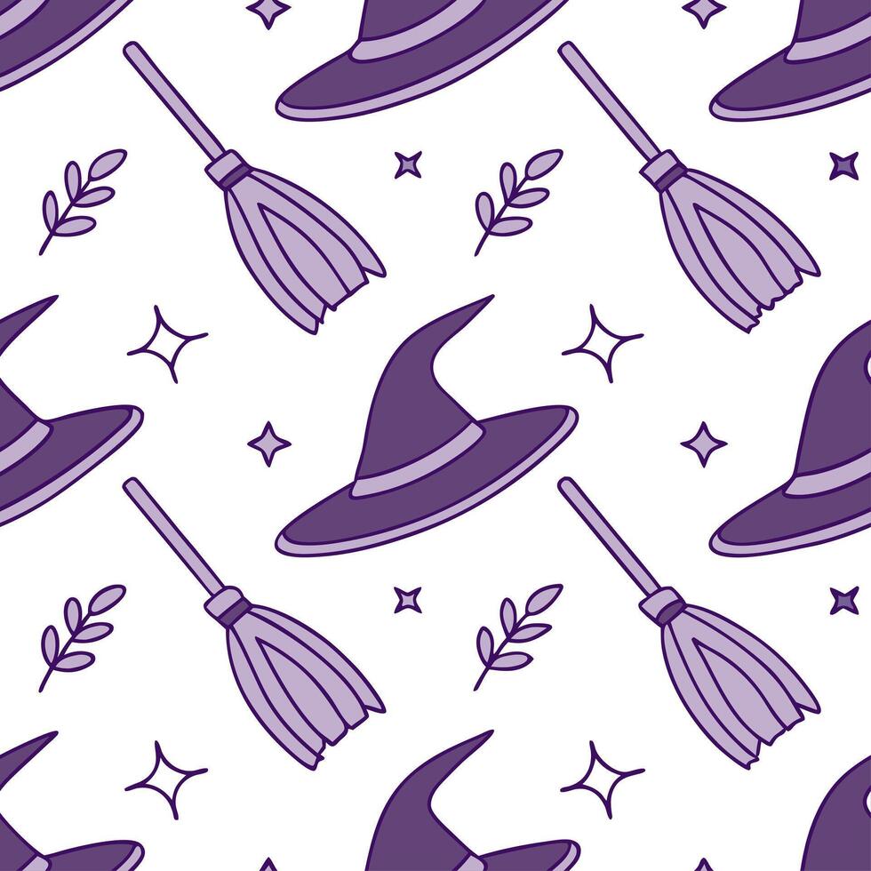 Witch hats and broomsticks seamless tile pattern with mystical elements and purple tones for magical home decor concept as Mystical witch hats and broomsticks arranged seamlessly w Dynamic vector
