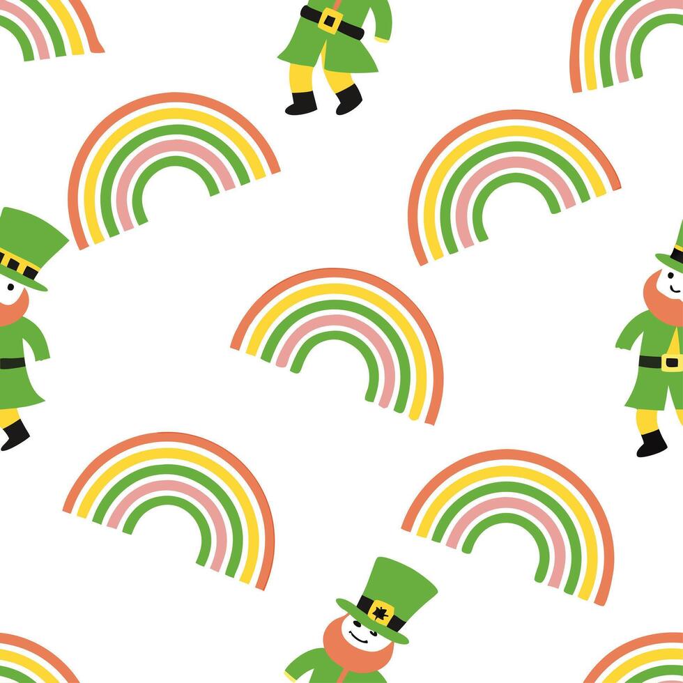 Whimsical leprechauns and rainbow seamless tile pattern with playful festive colors concept as Playful festive colors highlight whimsical leprechauns amidst rainbows in seamless ti Dynamic vector