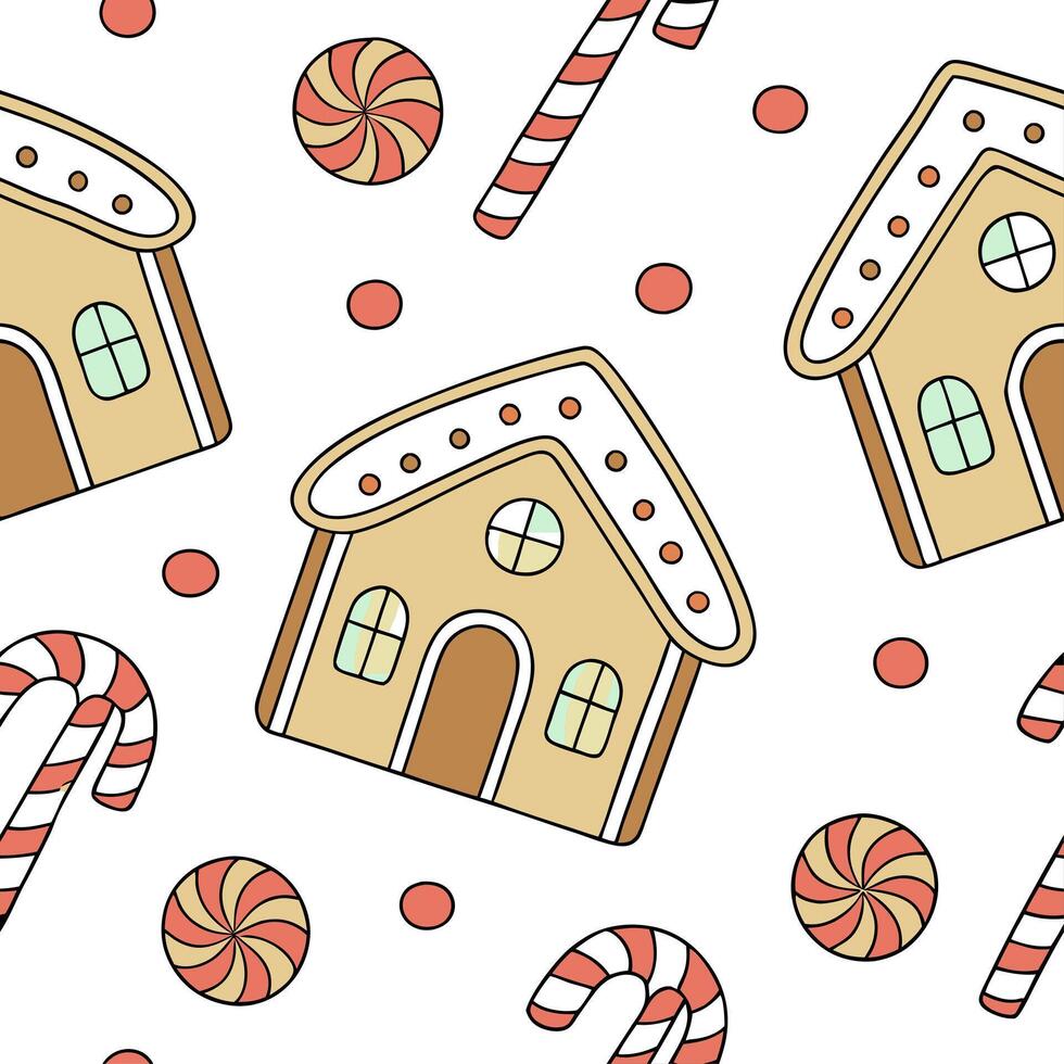 Whimsical gingerbread houses and candy canes seamless tile pattern with sweet holiday vibes concept as Sweet gingerbread houses and candy canes create whimsical seamless tile patte Dynamic vector
