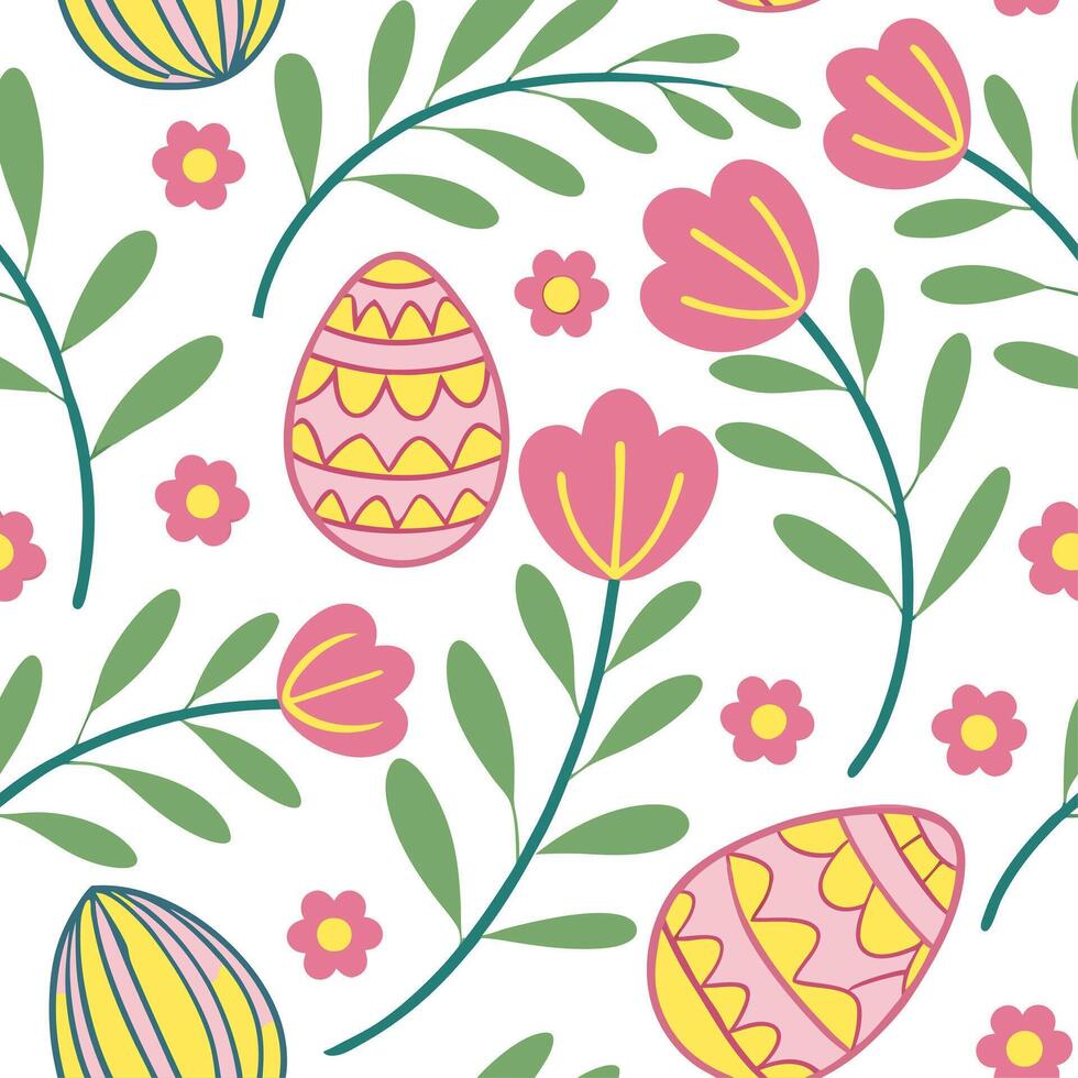 Whimsical Easter eggs and spring flowers seamless tile pattern with vibrant colors concept as Vibrant colors highlight whimsical Easter eggs intertwined with spring flowers in seam Dynamic vector