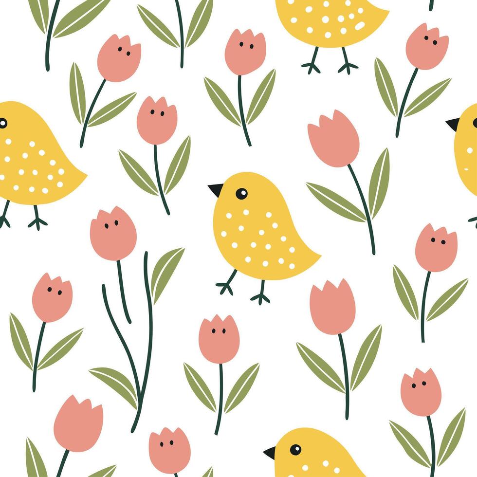Whimsical Easter chicks and tulips seamless tile pattern with playful spring hues concept as Playful spring hues highlight whimsical Easter chicks and tulips in seamless tile patte Dynamic vector
