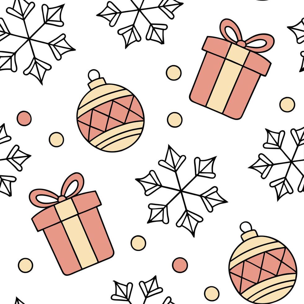 Whimsical Christmas gifts and snowflakes seamless tile pattern with playful holiday elements concept as Playful Christmas gifts and whimsical snowflakes create seamless tile patter Dynamic vector