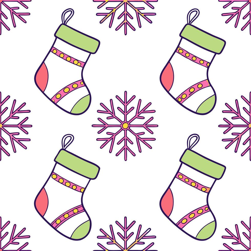 Whimsical Christmas stockings and snowflakes seamless tile pattern with colorful accents concept as Colorful accents on whimsical Christmas stockings and snowflakes create seamless Dynamic vector