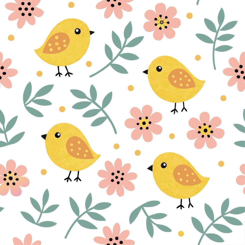 Whimsical Easter chicks and floral blooms seamless tile pattern with playful spring colors concept as Playful spring colors feature whimsical Easter chicks amidst floral blooms in Dynamic vector