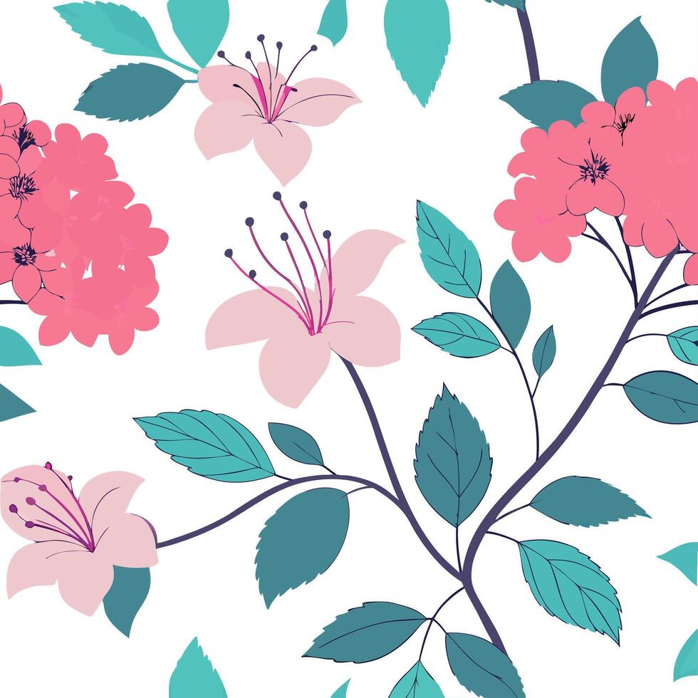 Watercolor inspired spring flower seamless pattern with hydrangeas and azaleas for soft interiors concept as Soft watercolor patterns featuring hydrangeas and azaleas for calming s Dynamic vector