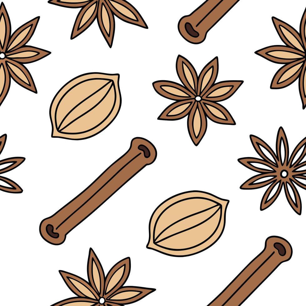 Warm autumn spices seamless tile pattern with cinnamon sticks nutmeg and cloves concept as Cinnamon sticks nutmeg and cloves in warm autumn tones create a cozy spices seamless tile Dynamic vector