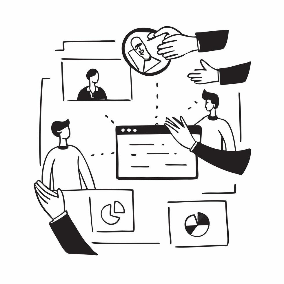 Virtual team collaborating on a digital platform concept as A illustration of a virtual team collaborating on a digital platform using a 3 color scheme to emphasize remote t Dynamic vector