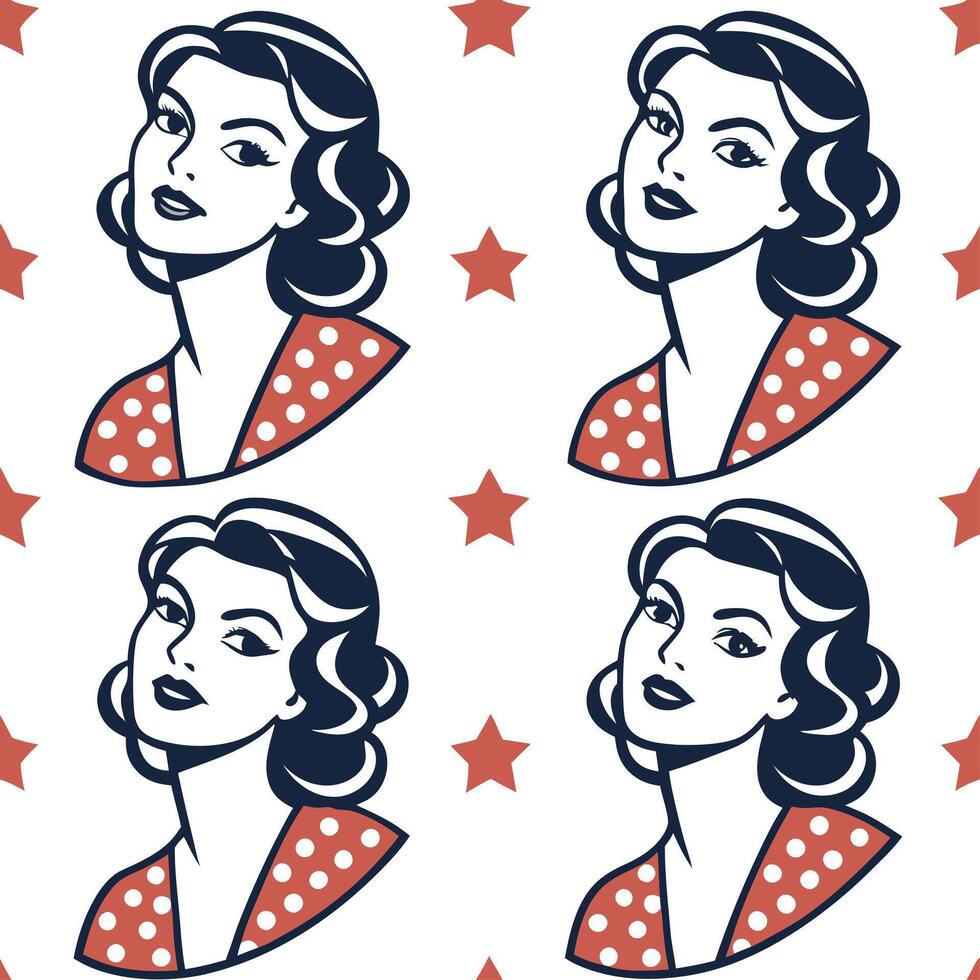 Vintage pin up seamless tile pattern with classic illustrations of retro glamour girls and bold colors concept as Classic pin up girls bold hues and vintage inspired graphics creat Dynamic vector