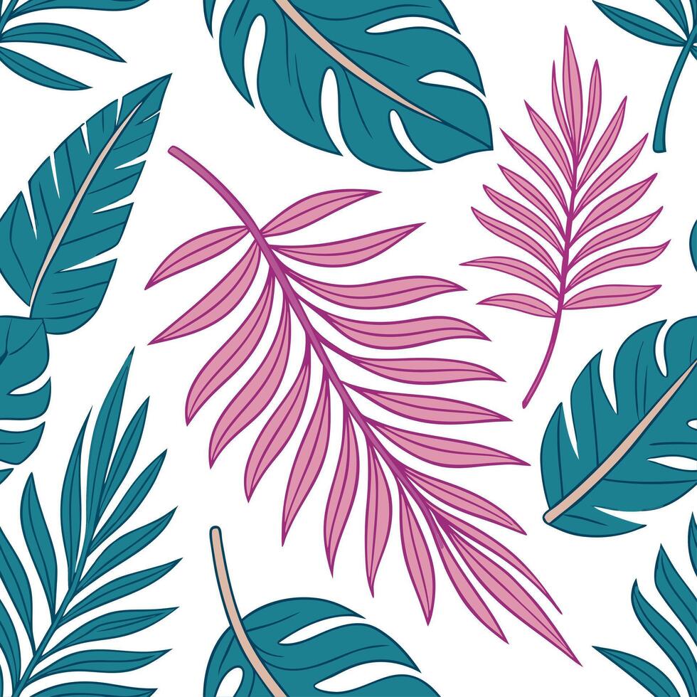 Vibrant summer leaves seamless tile pattern with bright tropical foliage and palm fronds for lively decor concept as Bright tropical foliage and palm fronds seamlessly arranged to Dynamic vector