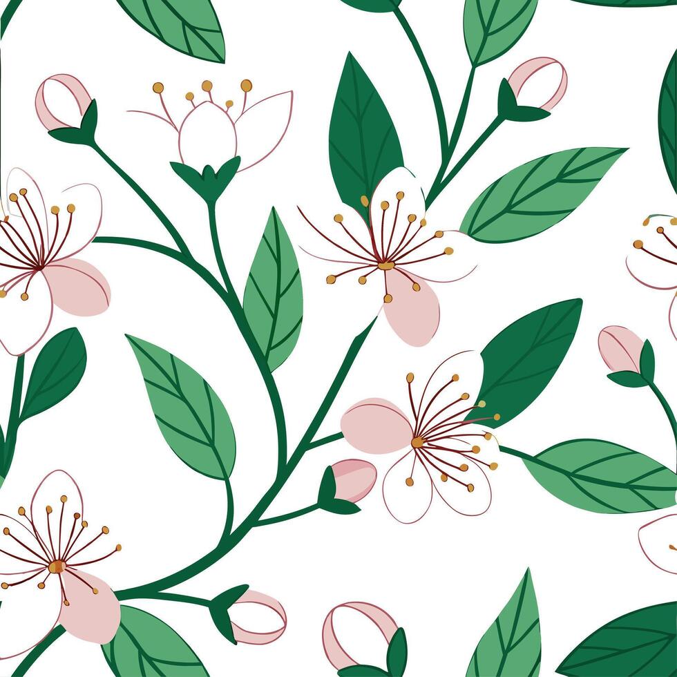 Vibrant spring renewal seamless tile pattern with budding flowers fresh green leaves and soft pastel tones concept as Budding flowers and fresh green leaves in soft pastel tones cr Dynamic vector