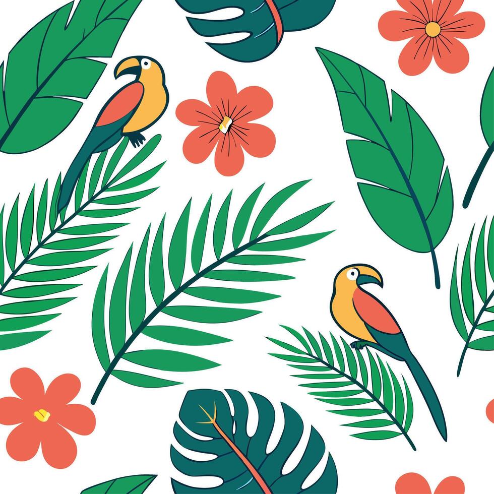 Vibrant summer seamless tile pattern with tropical birds and exotic flowers for lush garden spaces concept as Tropical birds and exotic flowers in a seamless pattern for creating a Dynamic vector