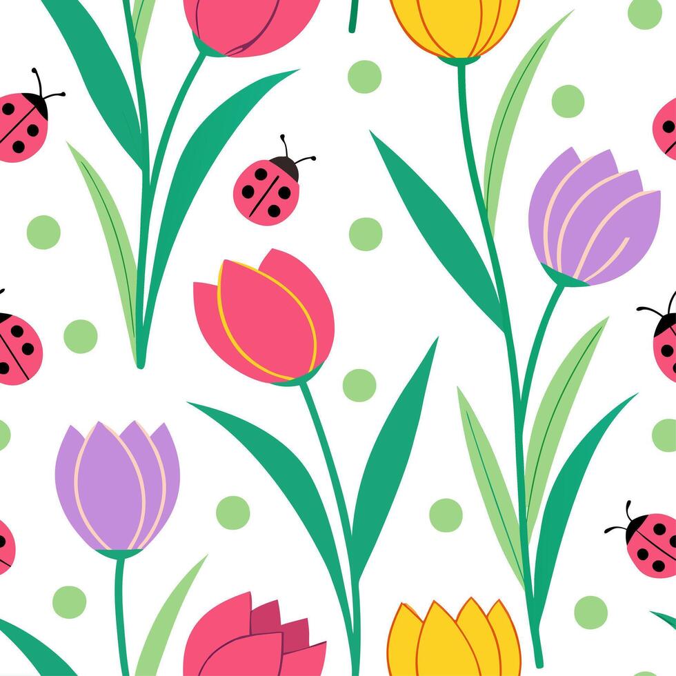 Vibrant Easter tulips and ladybugs seamless tile pattern with colorful spring accents concept as Colorful spring accents with vibrant Easter tulips and ladybugs create seamless til Dynamic Set 2 vector