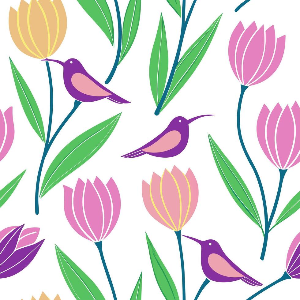 Vibrant Easter tulips and hummingbirds seamless tile pattern with lively spring vibes concept as Lively spring vibes with vibrant Easter tulips and hummingbirds create seamless til Dynamic Set 2 vector