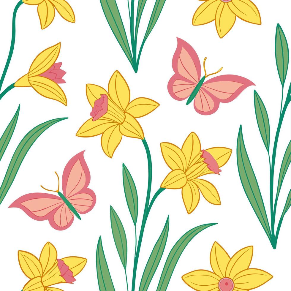 Vibrant Easter daffodils and butterflies seamless tile pattern with lively spring colors concept as Lively spring colors highlight vibrant Easter daffodils and butterflies in seaml Dynamic vector