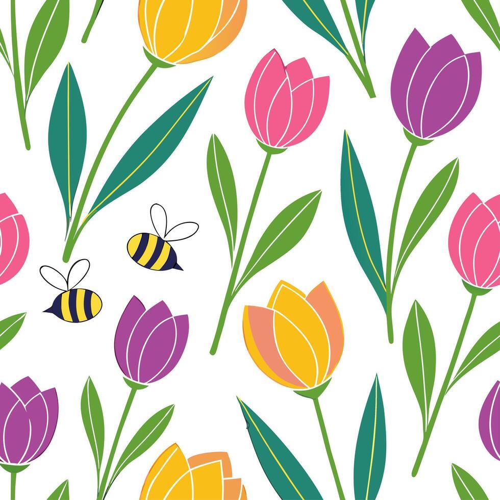 Vibrant Easter tulips and bees seamless tile pattern with lively spring elements concept as Lively spring elements like vibrant Easter tulips and bees create seamless tile pattern Dynamic vector