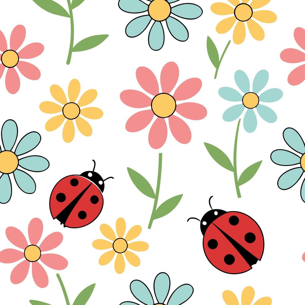 Vibrant Easter daisies and ladybugs seamless tile pattern with playful spring elements concept as Playful spring elements like vibrant Easter daisies and ladybugs create seamless t Dynamic vector