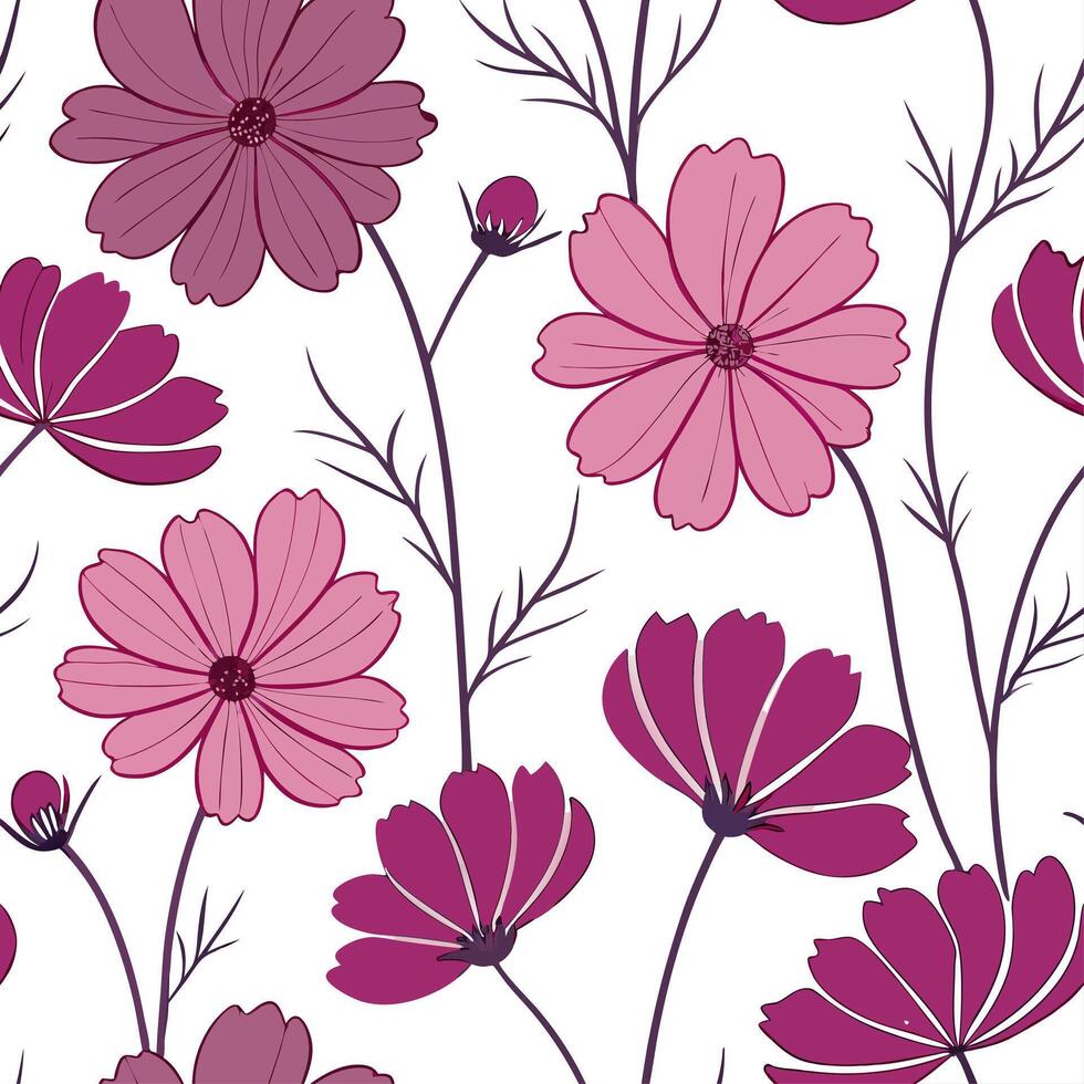 Vibrant cosmos flower seamless tile pattern with rich pinks purples and delicate petals concept as Rich pinks and purples of cosmos flowers create a bright lively seamless spring t Dynamic vector