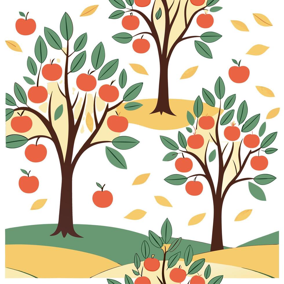 Vibrant apple orchard seamless tile pattern with ripe apples green leaves and autumn hues concept as Ripe apples and green leaves in autumn hues create a vibrant apple orchard seam Dynamic vector