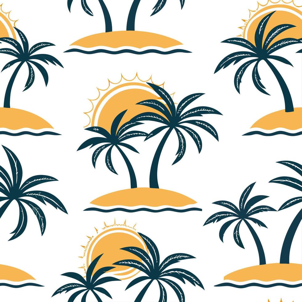 Tropical island seamless tile pattern with palm trees bright sun and sandy beaches concept as Palm trees bright sun and sandy beaches form a vibrant and tropical seamless tile patt Dynamic vector
