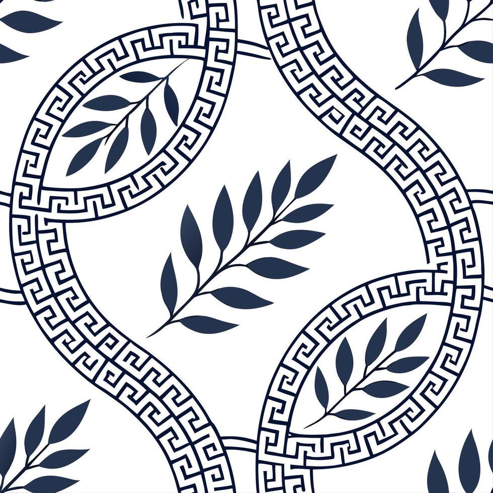 Traditional Greek meander and olive branch seamless tile pattern with classic blue and white hues concept as Classic blue and white hues highlight traditional Greek meander pattern Dynamic vector