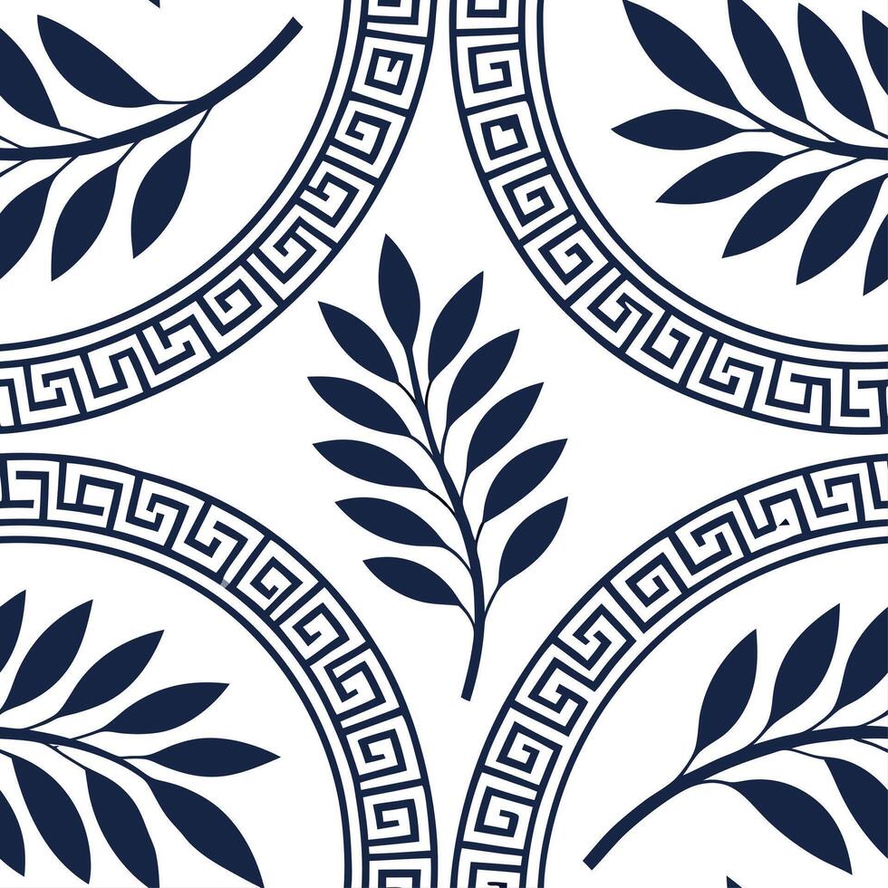 Traditional Greek key patterns and olive branches seamless tile pattern with classic blue and white tones concept as Classic blue and white tones highlight traditional Greek key pa Dynamic vector