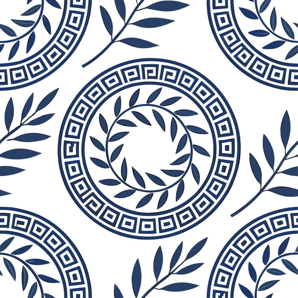 Traditional Greek meander and olive branch seamless tile pattern with classic blue and white hues concept as Classic blue and white hues highlight traditional Greek meander pattern Dynamic Set 2 vector